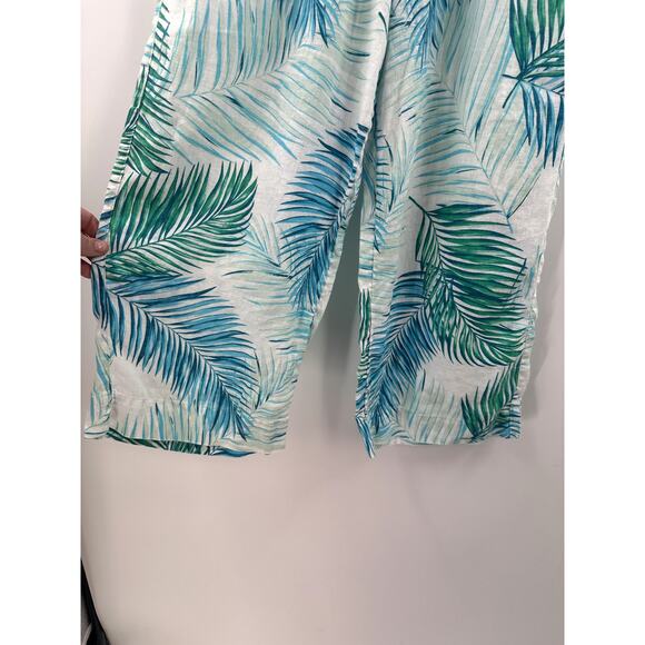 Tahari 100% Linen Blue & Green Tropical Palm Leave Wide Leg Crop Pull On Pant L - Picture 3 of 5
